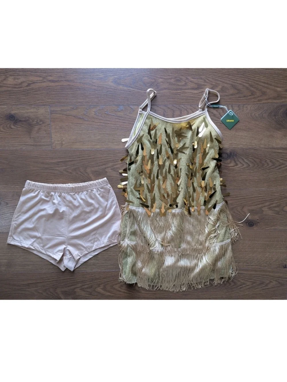 Lolanta 2 Piece Latin Dance Costume Gold Childs Size 130 & 160 Sequin Fringe NWT